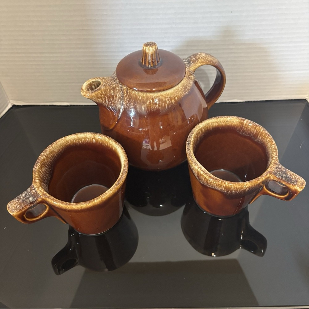 Vintage 1970's Hull Pottery Brown Drip Glaze Tea Pot & 2 Cups Made in USA